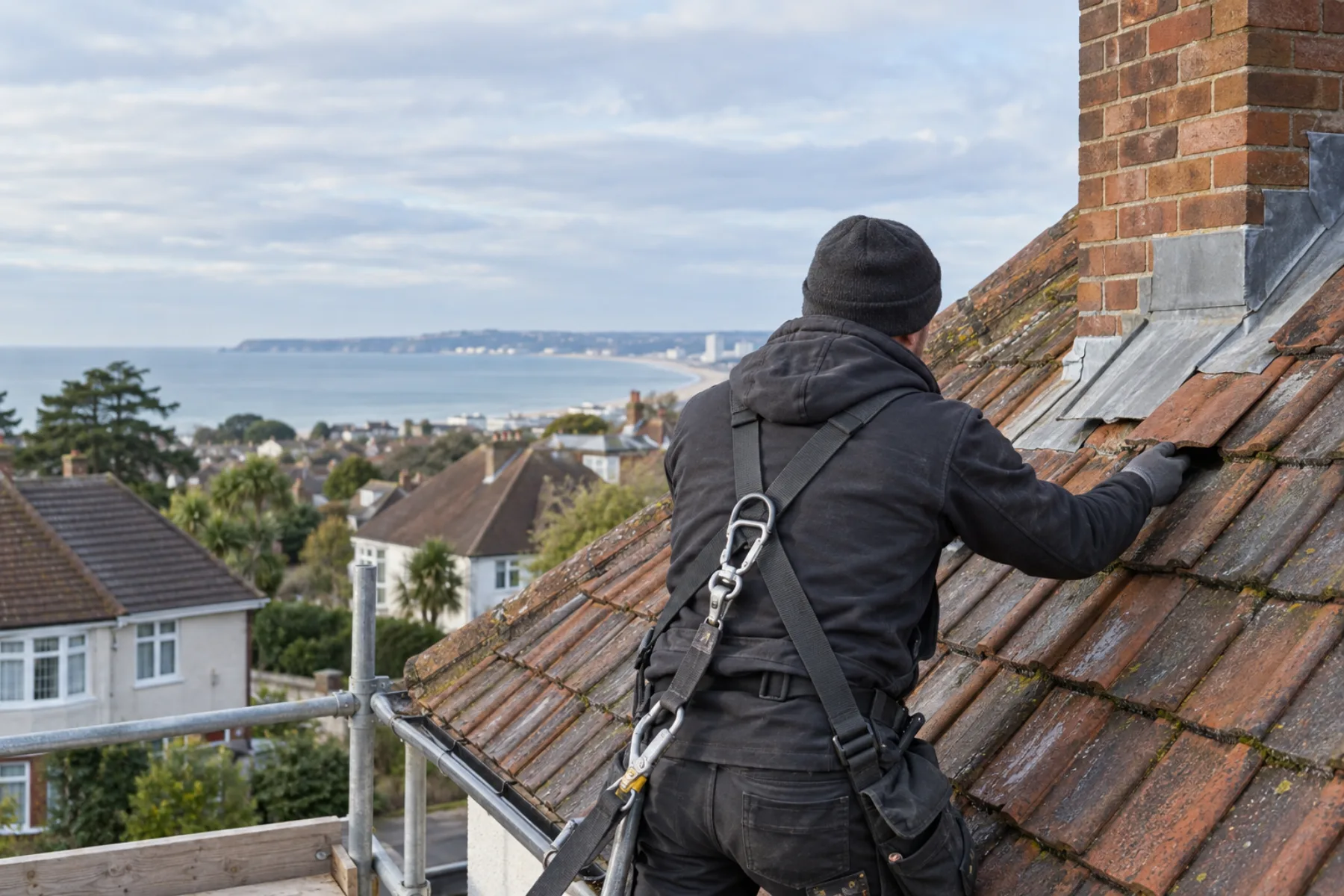 Roofer inspecting clay tiles and chimney flashing on a Bournemouth roof with the bay in the distance